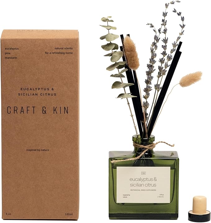 Craft & Kin Reed Diffuser with Dried Flowers | 5 oz Sicilian Citrus & Eucalyptus Scented Fall Reed Diffusers for Home, Bathroom | Scent Sticks | Elegant Fragrance Home Decor for Men & Women