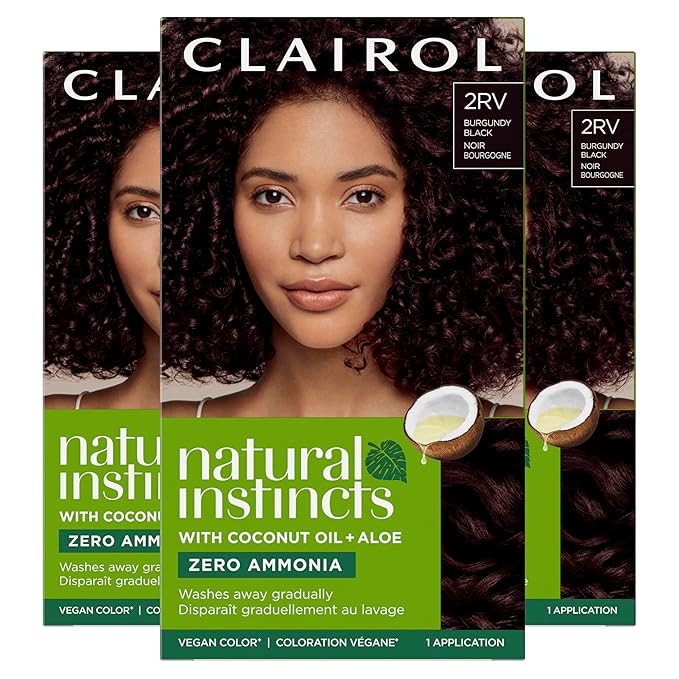 Clairol Natural Instincts Demi-Permanent Hair Dye, 2RV Burgundy Black Hair Color, Pack of 3