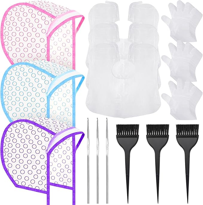 Boao 3 Sets Highlight Cap Sets, Highlighting Caps for Hair, Dye Bleach Cap With Hole And Hook, Dye Kit for Hair Frosting, Highlighting, Color Accessories (Assorted Colors)