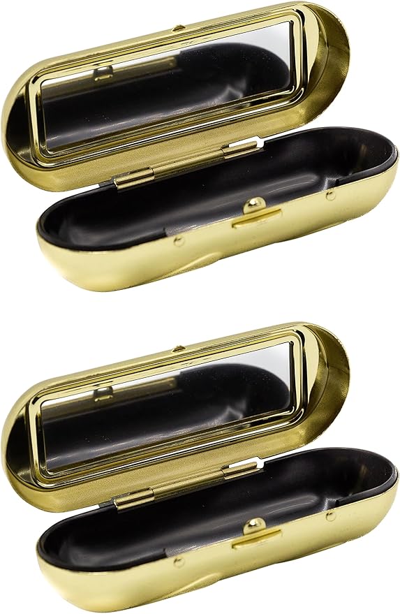 Stephanie Imports Set of 2 Capsule Shaped Lipstick Cases With Glass Mirror (Gold Wave)