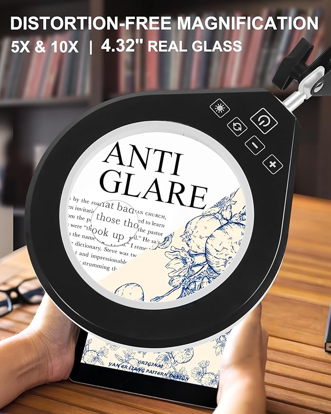 10X & 5X Magnifying Glass with Light, Ultra Long Swing Arm, 5 Colors & 10 Brightness, Real Glass Lens Large Magnifying Lamp for Craft Painting Workbench Jewelry Making Hobby Close Work (White)