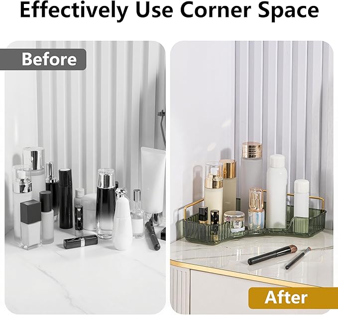 YCIA&DONE Corner Bathroom Counter Organizer, Makeup Organizer for Vanity, Skincare Cosmetic Perfume Tray, Corner Countertop Shelf Rack Storage for Bathroom Kitchen 1 Tier (Vintage Green)