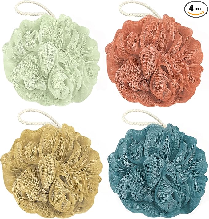 Shower Loofah Bath Sponge, 60G Loofah Exfoliating Body Scrubber, 4 Color Mesh Shower Pouf Balls for Body Wash (Caramel Coffee)