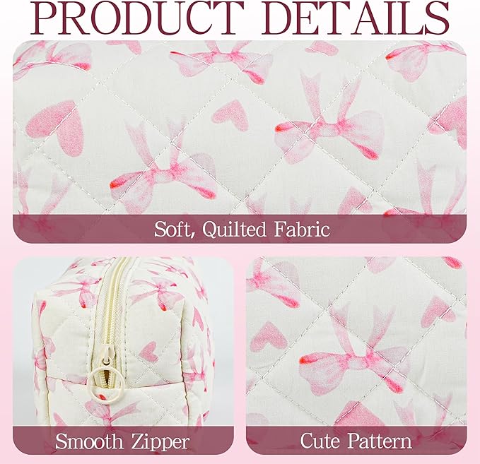 Quilted Makeup Pouch,Cotton Puffy Makeup Bag, Coquette Cosmetic Bag for Women and Girls, Aesthetic Organizer Bag, Cute Flower Travel Toiletry Bag