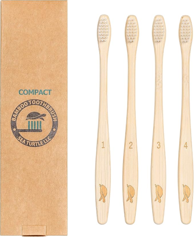 Sea Turtle Plant-Based Bristles, Compact Bamboo Toothbrushes, Soft Natural Toothbrush for Adults (4 Pack)