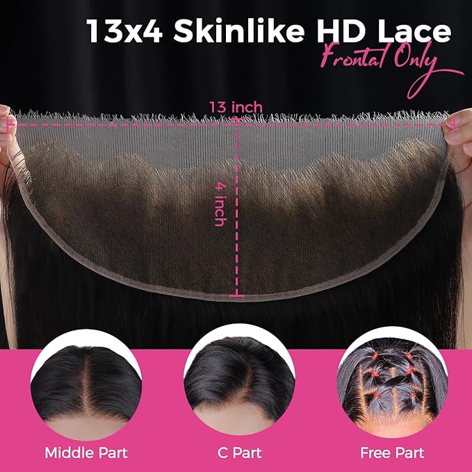 Lashey 13x4 SKINLIKE HD Lace Frontal, 0.10mm Ultra-thin Rael HD Frontal Pre Bleached Knots Pre Plucked Hairline Body Wave Human Hair 20 Inch Natural Black