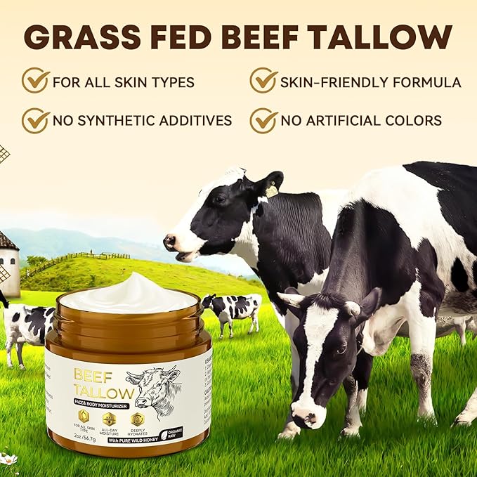 Beef Tallow for Skin - Natural Honey and Tallow Balm Nourishing Tallow Face Moisturizer Cream, Formula with Grass-Fed Organic Whipped Tallow for Dry, Cracked Face & Body Skin Care Daily Use (2 oz)