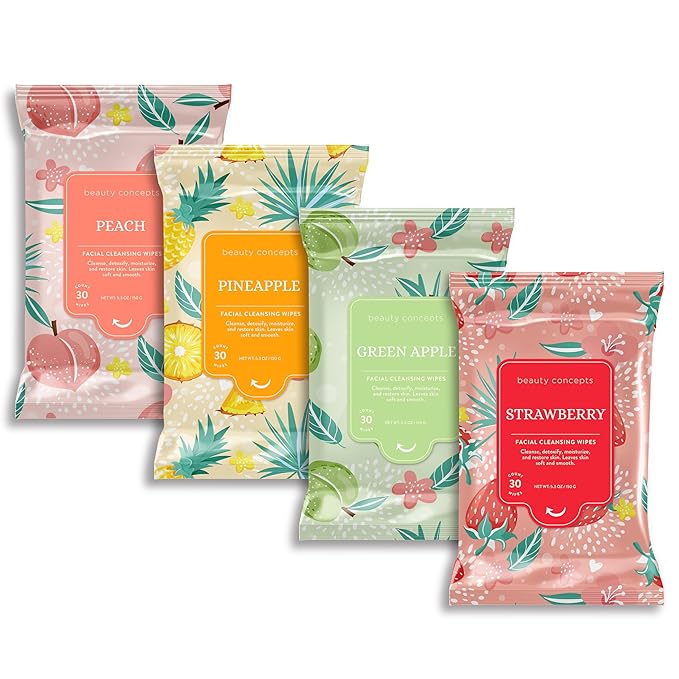 Beauty Concepts Facial Wipe Set - Packs of Face Wipes, Makeup Removing Wipes, Peach, Pineapple, Green Apple, Strawberry