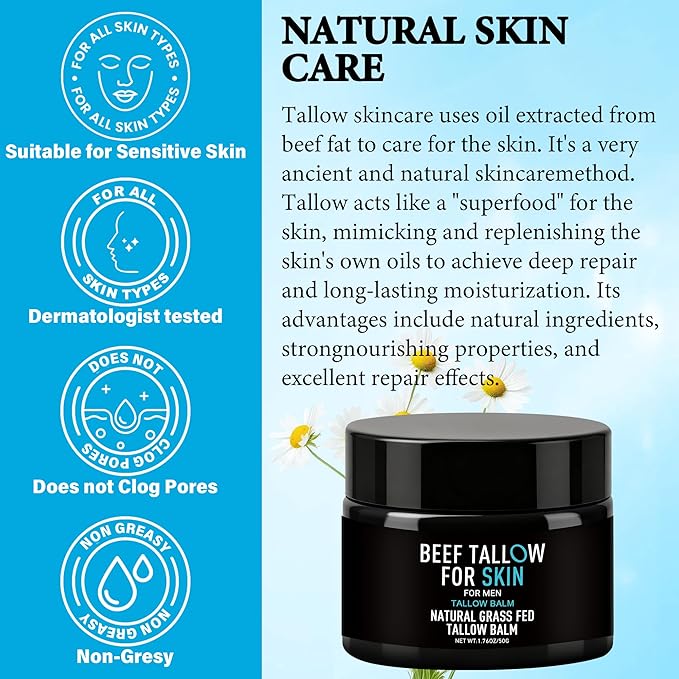 Beef Tallow Balm for Skin & Face, Men's Multi-Function Tallow Face Moisturizer, 100% Grass-Fed Beef Tallow, Ultra-Hydrating Body Cream for Dry/Sensitive Skin, 1.76 Oz