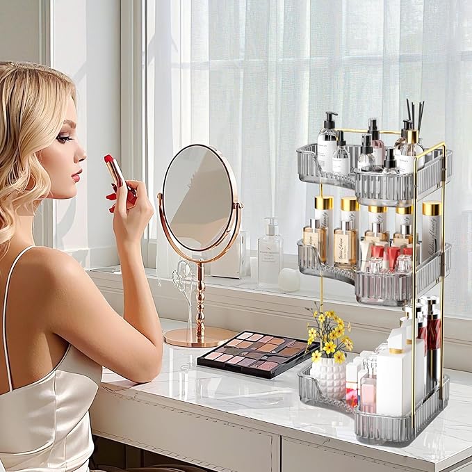 GTI 3-Tier Corner Bathroom Counter Organizer, Large Capacity Makeup Organizer Countertop, Perfume Cosmetics Skincare Vanity Organizers, Exquisite Countertop Storage for Women (Gray)