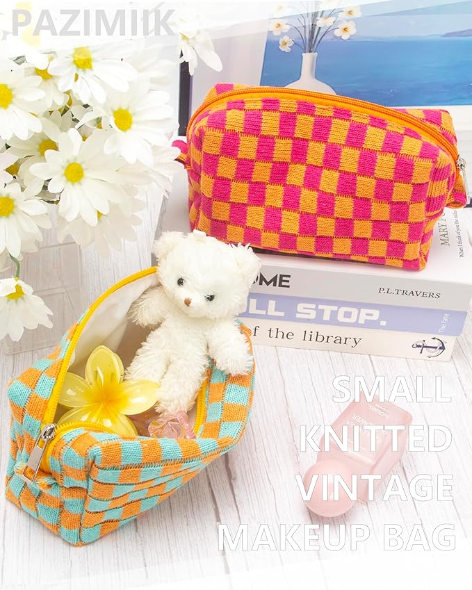 PAZIMIIK 2PCS Checkered Makeup Bag for Purse Portable Zipper Make Up Pouch Small Cosmetic Case for Travel Accessories Orange Green