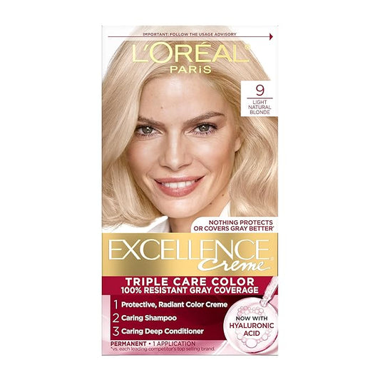 L'Oreal Paris Excellence Crème Permanent Hair Dye, Triple Care Hair Color with Pro-Keratine Complex for 100% Gray Hair Coverage, 9 Light Natural Blonde, 1 Kit
