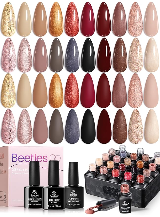 Beetles Gel Nail Polish Set - 20 Colors Warm Mist Winter Gel Nail Kit Burgundy Brown Nude Gold Glitter Gray Shimmer Soak Off Base&Top Coat Uv Led Home DIY Salon Nail Art Christmas Gift Set for Women