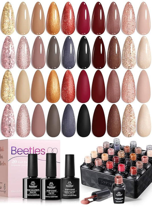 Beetles Gel Nail Polish Set - 20 Colors Warm Mist Winter Gel Nail Kit Burgundy Brown Nude Gold Glitter Gray Shimmer Soak Off Base&Top Coat Uv Led Home DIY Salon Nail Art Christmas Gift Set for Women