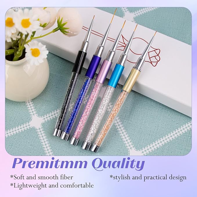 Nail Art Brushes, 5Pcs Nail Design Brushes with Nail Liner Brush and Fine Nail Art Pen for Salon at Home DIY Manicure (5/7/9/11/20mm)