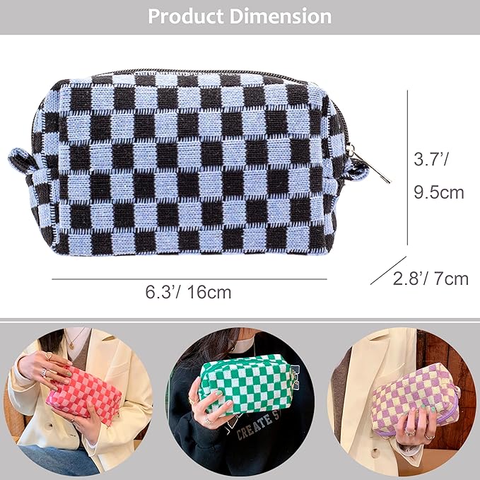 PAZIMIIK Checkered Makeup Bag for Purse Portable Zipper Make Up Pouch Small Cosmetic Case for Travel Accessories (2PCS Green Blue)