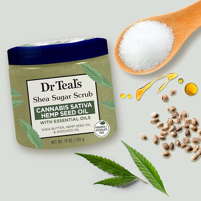 Dr Teal's Shea Sugar Body Scrub, Cannabis Sativa Hemp Seed Oil with Essential Oils, 19 oz (Pack of 3)