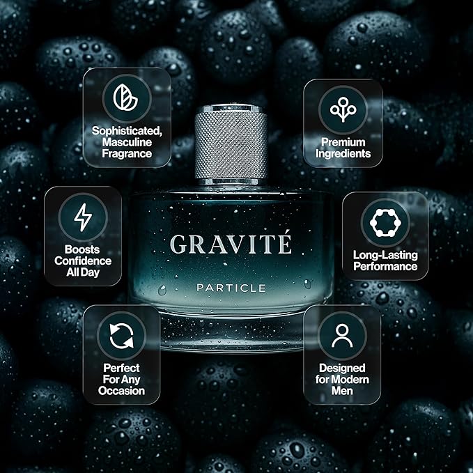 Particle Gravité Cologne Spray for Men, Long Lasting Fresh Scent, Men's Perfume Woody Citrus Fragrance, Notes of Pepper, Rosemary, Grapefruit, Cedar, Cashmere & Musk, 3.38 FL OZ Bottle