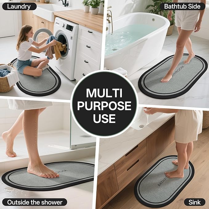 Non-Slip Bath Mat with Upgraded Rubber-Backing, Washable Thin Bath Mats for Bathroom Floor, Absorbent Woven Bathroom Rugs, Quick Dry, Fits Under Door, 20x32, Border Grey