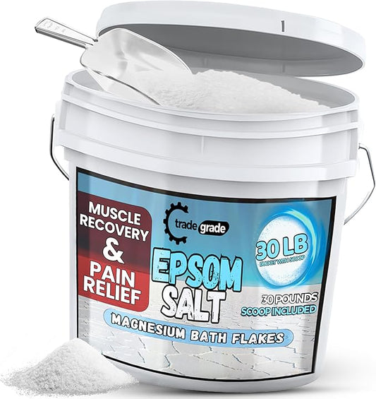 Epsom Salt Bath Soak 30 lb Bucket – Unscented, Pure Epsom Salt Bulk Crystals, Magnesium Sulfate for Full Body or Foot Soaks, Resealable Container with Scoop for Home Bath Use