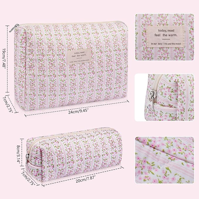 2PC Makeup Bag Set, Cute Cosmetic Bag for Women Girls, Floral Coquette Aesthetic Toiletry Bag, Travel Make Up Organizer Bag (Folk Style)