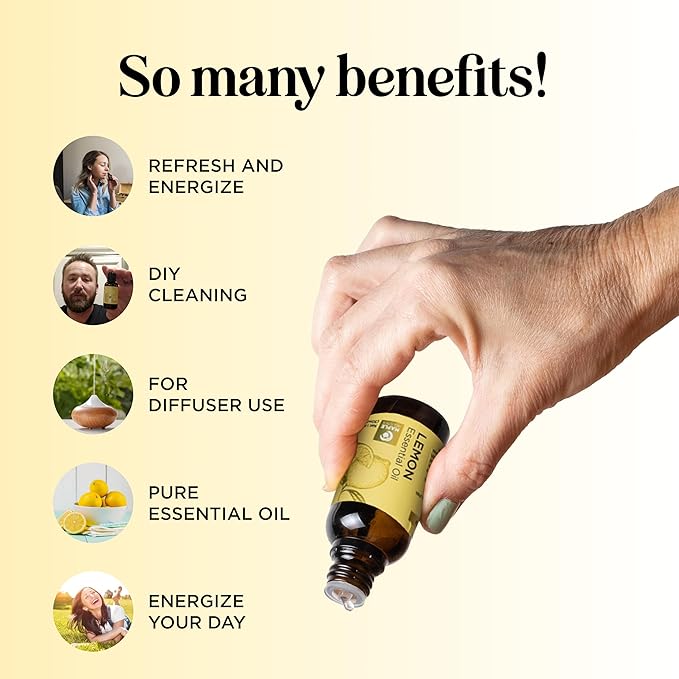 Pure Lemon Essential Oil - Invigorating Lemon Oil for Diffuser Aromatherapy Cleaning & Beauty DIYs for Hair Skin & Nails - Premium Grade Vegan Non-GMO in Glass Bottle for Aromatherapy & Wellness