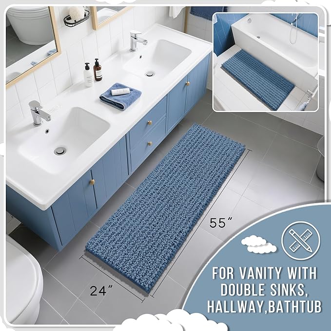 Yimobra Bathroom Runner Rug 55x24 Inch - Extra Long Non Slip Chenille Bath Mat, Soft & Absorbent, Machine Washable Shaggy Hallway Carpet for Vanity Tub Shower, Denim Blue Home Decor Accessories