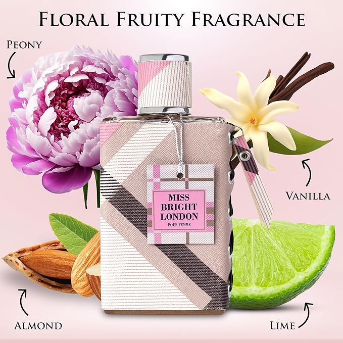 Miss Bright London Eau De Parfum for Women - Sweet, Elegant & Fruity Scent - Top Notes of Green Lime & Icy Pear - Base Notes of Vanilla, Amber, Mahogany & Balsamic Tonka Bean - Elegant 100ml Bottle