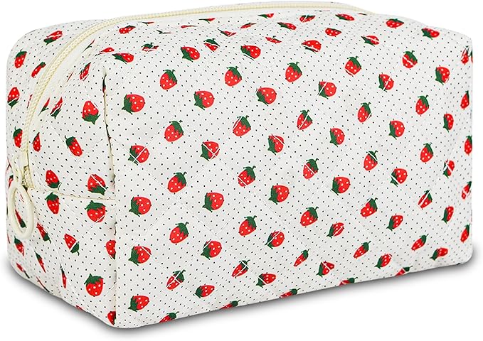 Quilted Makeup Pouch,Cotton Puffy Makeup Bag, Coquette Cosmetic Bag for Women and Girls, Aesthetic Organizer Bag, Cute Flower Travel Toiletry Bag