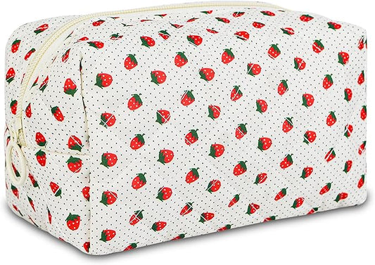 Quilted Makeup Pouch,Cotton Puffy Makeup Bag, Coquette Cosmetic Bag for Women and Girls, Aesthetic Organizer Bag, Cute Flower Travel Toiletry Bag