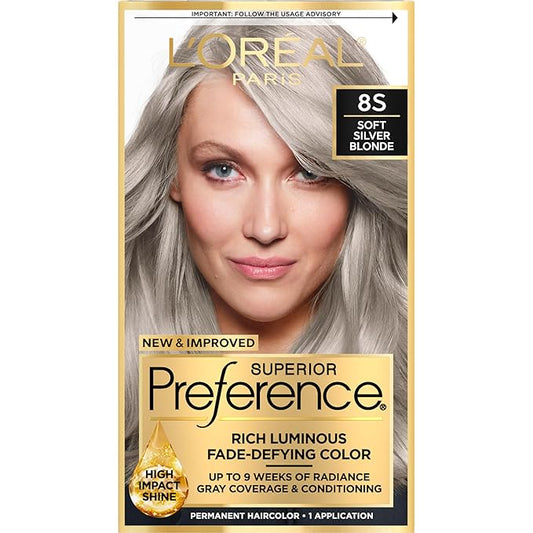 L'Oreal Paris Superior Preference Luminous Fade-Defying Permanent Hair Color, Hair Dye For Up to 9 Weeks of Radiance, Light Silver Blonde 8S, 1 Hair Dye Kit