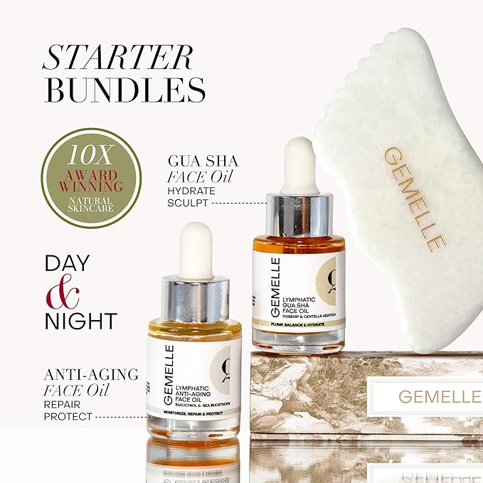 GEMELLE 3-Pack Lymphatic Gua Sha Morning & Night Face Starter Set 15ml | 10x Award Winner | White Jade Gua Sha Tool, Gua Sha & Anti-Aging Face Oils | Sculpting, Lymphatic Drainage, Hydrate, Protect