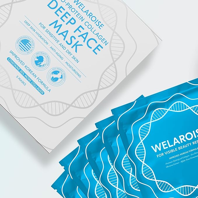 Welaroise Bio Protein Collagen Hydrogel Deep Face Mask +35% More Collagen, Intense Hydration & Moisturization, Firming, Anti-Aging, Skin Renewal, Korean Skincare (Pack of 5)