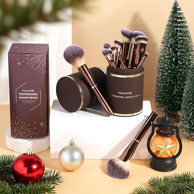 MAANGE 13Pcs Makeup Brushes with Case, Professional Brochas De Maquillaje for Face & Eyes, Soft Synthetic Foundation Powder Blush Eyeshadow Brush Kit with Gift Box,CoffeeBrown