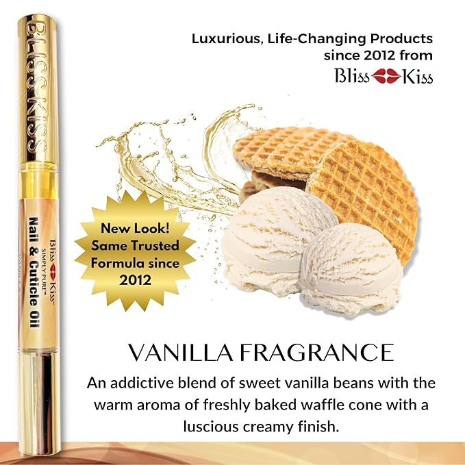 Bliss Kiss | 1 Vanilla Fragrance | Nail Oil Cuticle Pen w/Vitamin E & Jojoba⏤Nail Strengthener Nail Growth Serum for Brittle Peeling Breaking Thin Nails