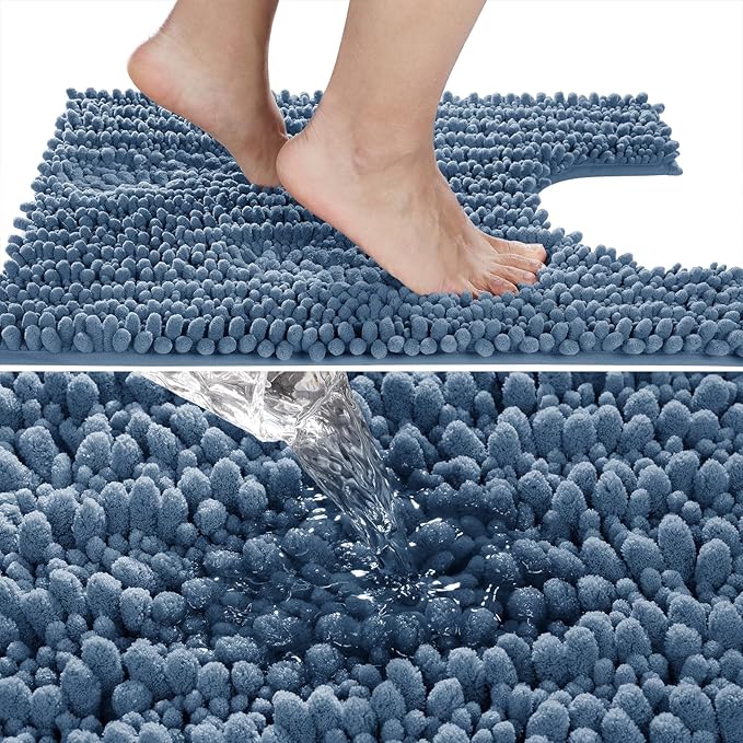 Yimobra Toilet Rug U Shaped Washable 24x20 Inch - Ultra Soft Absorbent Chenille Bath Rugs for Toilet, Quick Dry & Machine Washable, Non Slip Contour Bathroom Mat, Denim Blue