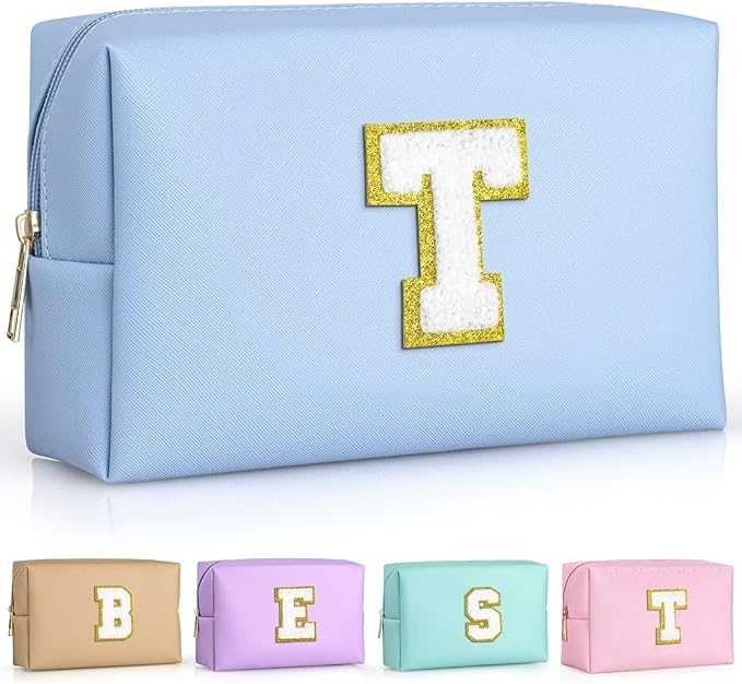 TOPEAST Preppy Stuff for Girls, Initial Makeup Bag Chenille Letter Pouch Cosmetic Bag with Zipper, PU Leather Waterproof Toiletry Bag, Cute Stuff Birthday Gift for Friends Sister (Sky Blue T)