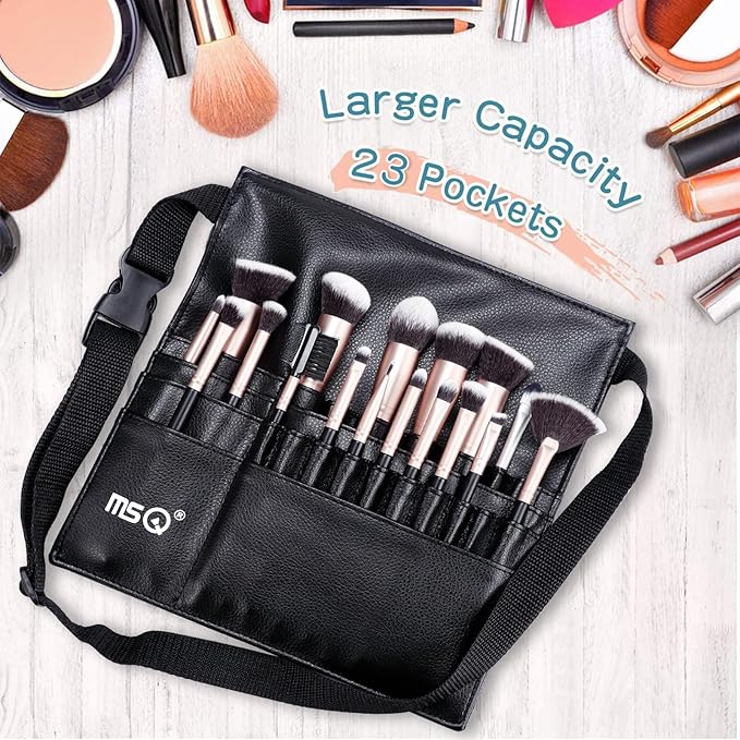 MSQ 23 Pockets Professional Cosmetic Makeup Brush Bag with Adjustable Artist Belt Strap Multi Pockets PU Leather Portable Cosmetic Brush Holder Organizer (Brush Not Included)