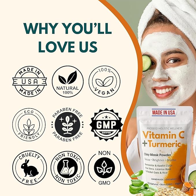 ProSeed Turmeric Vitamin C Clay Mask – Face & Body Powder Mask with Oats, Aloe & Natural Clays for Sensitive Skin, Pores, Blemish Appearance, Even Skin Tone Scarring, Dull Skin, Blackheads