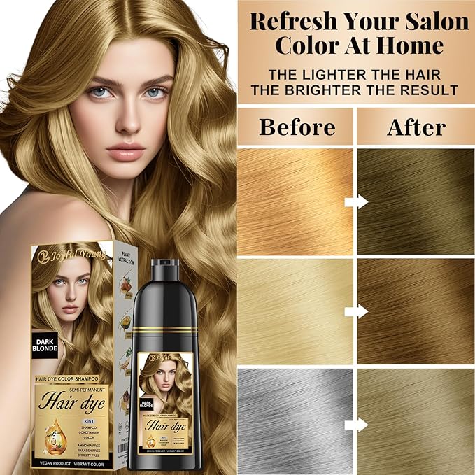 Natural Color Hair Dye Shampoo 3 IN 1, Instant Hair Coloring, Gray Coverage for Men & Women, Beard Dye Vegan Ammonia Free & Paraben-Free, Champú Para Canas Mujer & Hombre (DARK BLONDE)