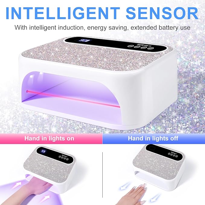 Led Nail Lamp, 126W Gel Nail Light Rechargeable Professional Lamp 42Pcs Beads Automatic Sensor for Manicure at Home and in Salons(Sparkly White)