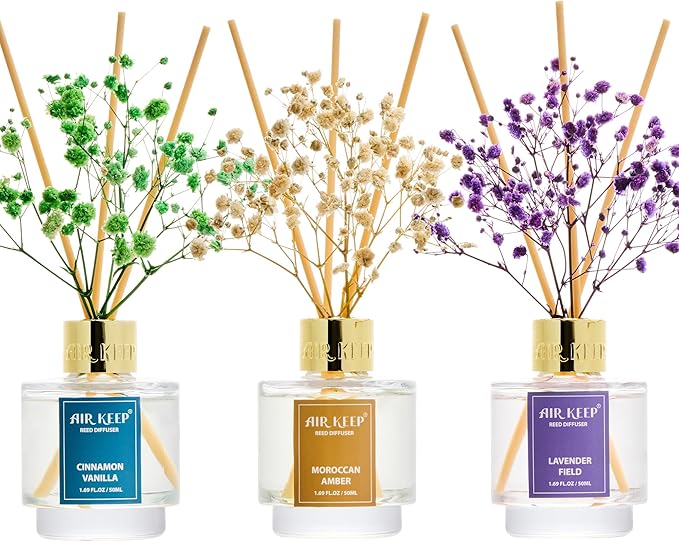 Airkeep Reed Diffuser Set of 3, Cinnamon Vanilla Lavender Field Moroccan Amber Oil Reed Diffusers for Bedroom Living Room Office Aromatherapy Oil Reed Diffuser for Gift 50ml x 3