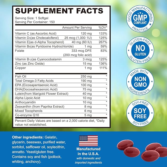 Lutein and Zeaxanthin Supplement - Eye Vitamins, 40 mg Lutein & 8 mg Zeaxanthin with Vitamins C, E, Zinc, Omega-3 & CoQ10 for Blue Light Protection, Eye Health Support  - 150 Softgels