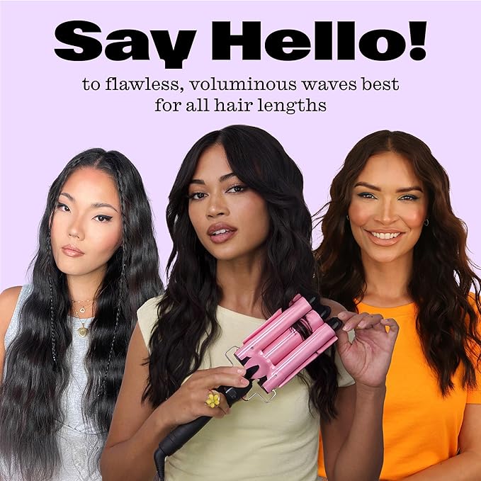 Trademark Beauty Three Barrel Hair Waver, Curling Iron, 1 Inch, Beach Waves, Quick Heat, Babe Waves Original, Adjustable Temperature Hair Curler - Pink