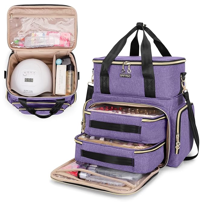 BAFASO Double Layer Nail Polish Organizer Holds 70 Bottles (15ml - 0.5 fl.oz) and a Nail Dryer, Nail Polish Case with 2 Removable Pouches and Tools Storage Sections (Patented), Purple