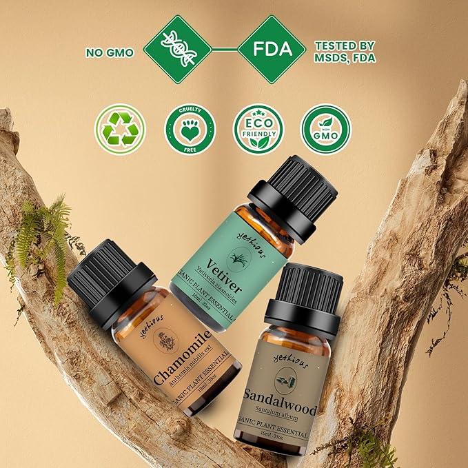 Yethious Chamomile Sandalwood Vetiver Essential Oil Set Organic 100% Pure Aromatherapy Oils for Diffuser