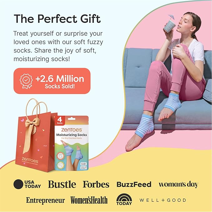 ZenToes Moisturizing Socks for Cracked Heel Treatment, Vitamin E, Olive Oil and Jojoba Oil Heel Socks, Stocking Stuffers for Women, Spa Self Care Gifts for Women (Blue & White Stripes, Regular)