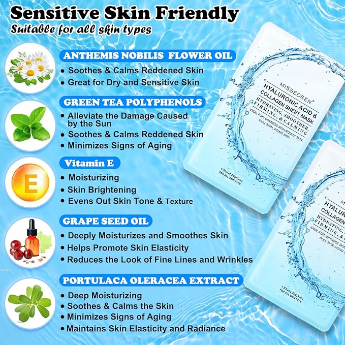 Collagen Face Mask with Hyaluronic Acid, Vitamin E Oil for Skin Care Hydrating, Moisturizing, Brightening & Anti Aging Face Masks Skincare for Oil, Dry, Acne, Sensitive All Skin Types 25PCS
