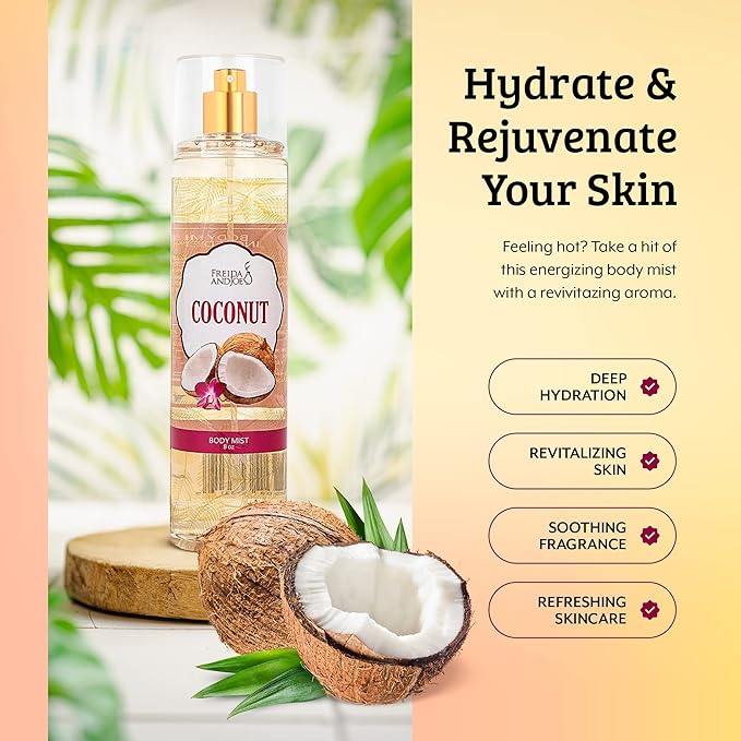 Luxurious Coconut Body Mist Fine Fragrance, Women's Warm & Cozy Luxury Scented Gifts & Presents, 8oz Fine Mist Spray Bottle (Coconut)