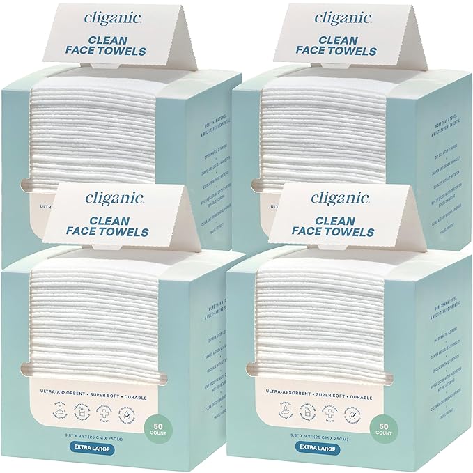 Cliganic Clean Face Towels XL, Bulk Size (200 Count), Disposable, Ultra-Absorbent, Hypoallergenic & Soft - Makeup Remover Dry Wipes, Pamper Your Face, Hygienic Towelettes, for All Skin Types